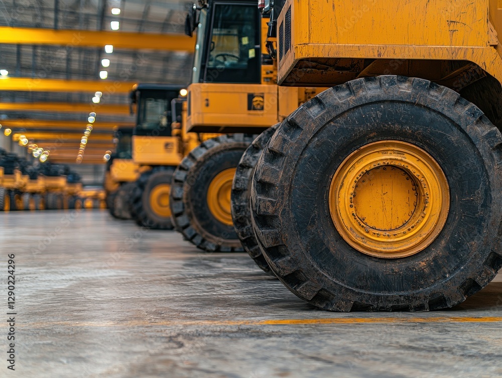 Close-up of heavy machinery tires in an industrial warehouse setting. Close-up of heavy machinery tires in an industrial warehouse setting.