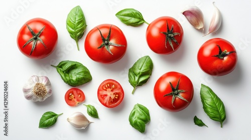 Fresh tomatoes, garlic, and basil leaves arranged aesthetically. Ideal for recipes, food blogs, or healthy eating content.