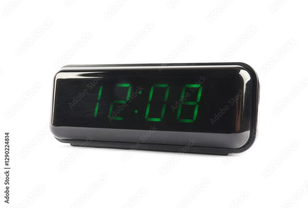 Digital alarm clock showing 12:08 o'clock on white background