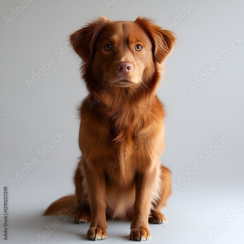 Dog calmly sitting on a bright white surface with a gentle expression and alert posture photo