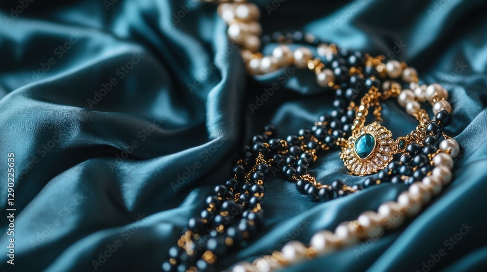 Elegant Jewelry Arrangement on Luxurious Silk Fabric Background Elegant Jewelry Arrangement on Luxurious Silk Fabric Background