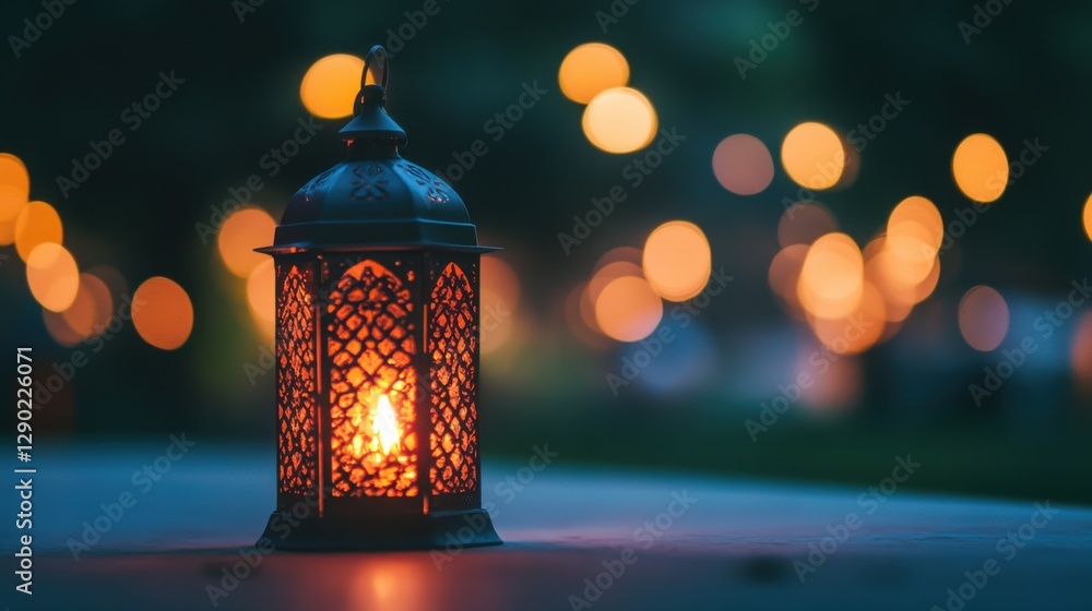 Elegant Lantern Glowing in the Dark with Beautiful Bokeh Lights Elegant Lantern Glowing in the Dark with Beautiful Bokeh Lights