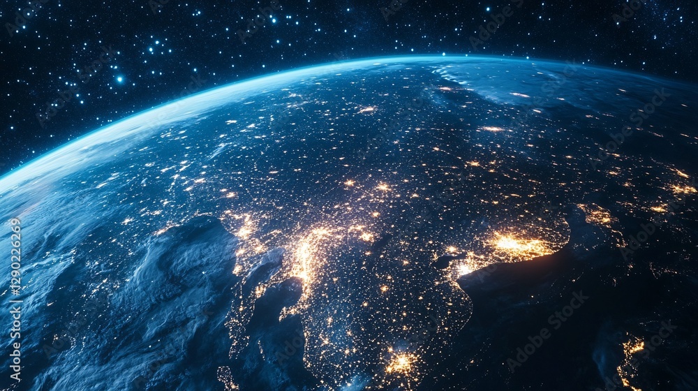 Obraz premium Earth at Night A View from Space Showing City Lights and Starry Sky