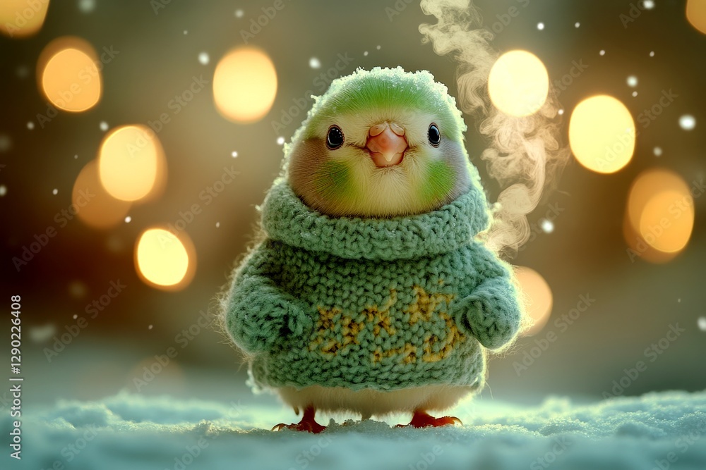 Obraz premium Problem of endangered animals. Social ad - animal care. Sad cute baby animal budgie in winter warm clothes, icy air from nose and mouth in icy wind. Social eco awareness. Social eco campaigns.
