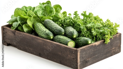 A small wooden box packed with green cucumbers and leafy greens, isolated against a white background