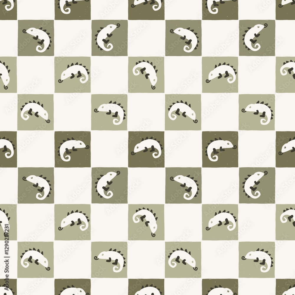 Obraz premium Seamless Pattern Checkered Vintage Green Chameleon. Gingham Retro Chameleon Illustration. Rustic Patchwork Hand drawn Chameleon Pet Background.
