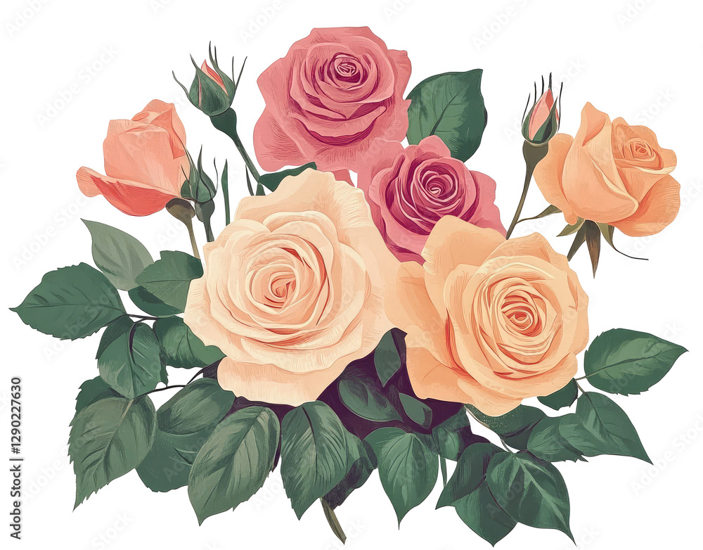 Beautiful Arrangement of Colorful Roses with Lush Green Leaves in a Floral Display on a White Background Beautiful Arrangement of Colorful Roses with Lush Green Leaves in a Floral Display on a White Background