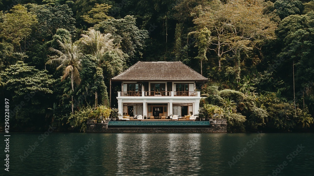 Lakeside villa nestled in lush jungle foliage. Lakeside villa nestled in lush jungle foliage.