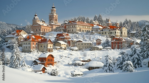 Snowy Alpine Village Panorama photo