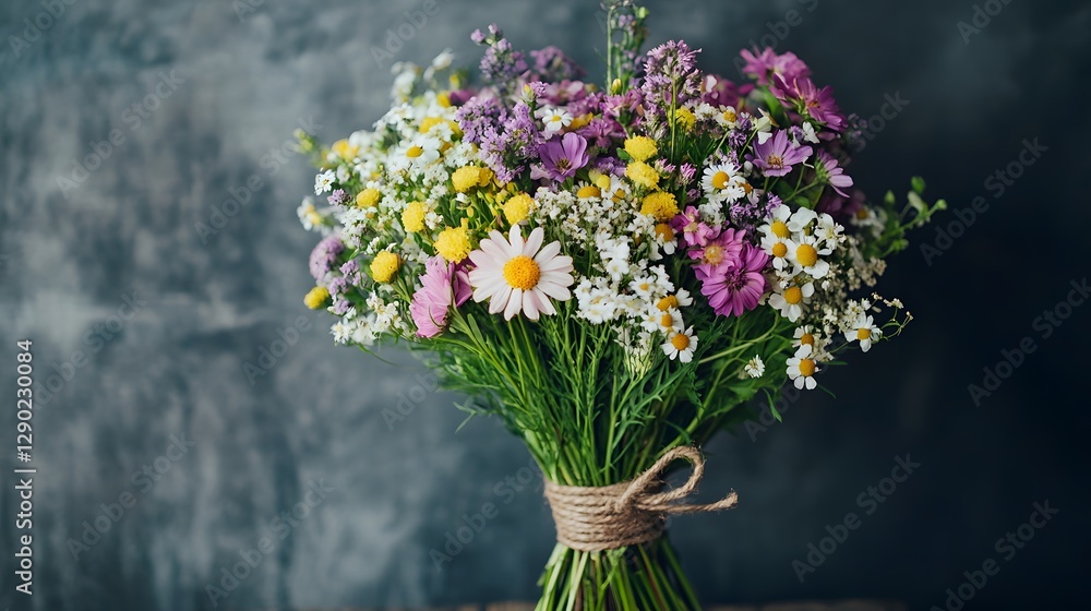 Fototapeta premium A bouquet of assorted wildflowers tied with a rustic twine ribbon