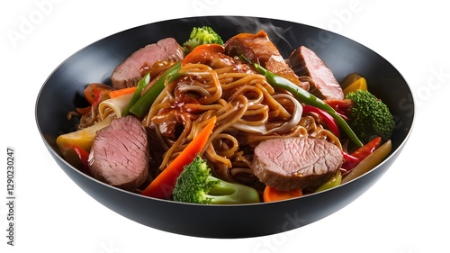 Asian stir-fried noodles with meat and veggies in a bowl, seen up close.