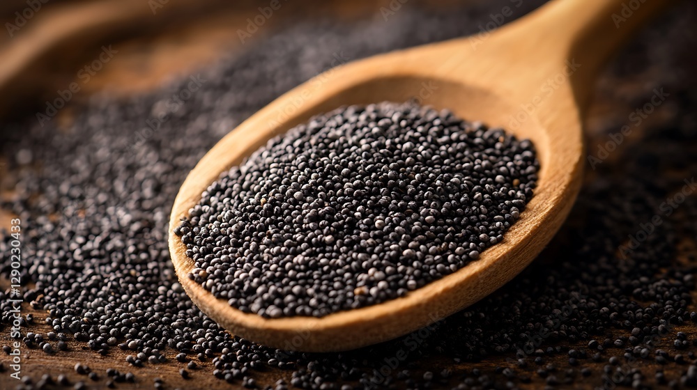 Close-up of poppy seeds in a wooden spoon. Close-up of poppy seeds in a wooden spoon.