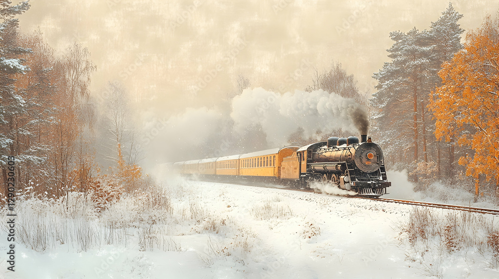 Snowy Winter Train Through Forest Snowy Winter Train Through Forest