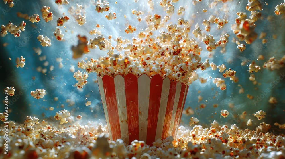 Popcorn flying out of a red and white striped bucket, perfect for movie night or snack time