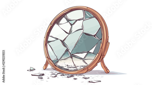 A digital illustration depicting a circular mirror with a wooden frame, shattered into numerous irregular fragments. The fragments are primarily shades of teal and grey, with the wood frame