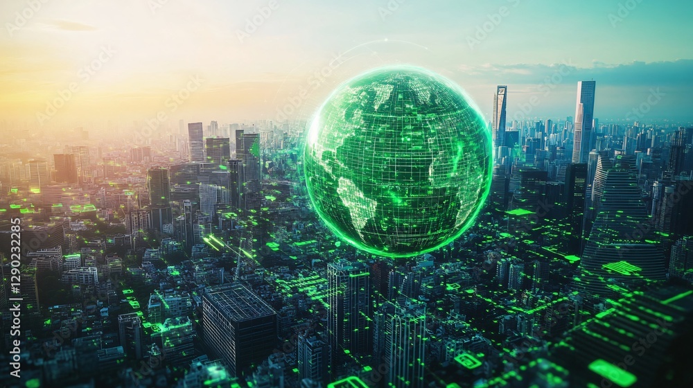 Fototapeta premium Global Network Futuristic Cityscape with Holographic Earth