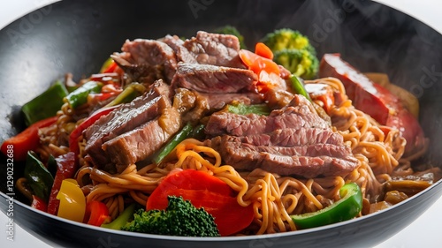 Stir-fried Mongolian meat, noodles, and green onions served in a classy ceramic bowl for a fine Asian meal
