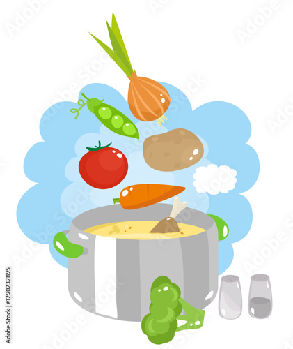 A pot of delicious vegetable soup with peas, onions, potatoes, carrots, tomatoes,
chicken, broth, salt, pepper. Steam, fragrance, warmth, joy, comfort, pasta, recipe