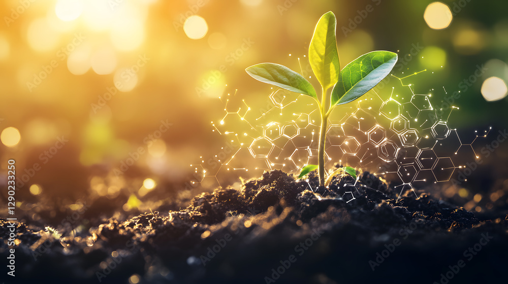 Sprouting green plant with futuristic digital designs, symbolizing the harmony of nature and advanced technology Sprouting green plant with futuristic digital designs, symbolizing the harmony of nature and advanced technology