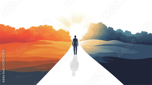 A digital painting depicting a stylized silhouette of a man standing at the center of a diverging path. The path is rendered in white, splitting into two distinct landscapes: a warm,