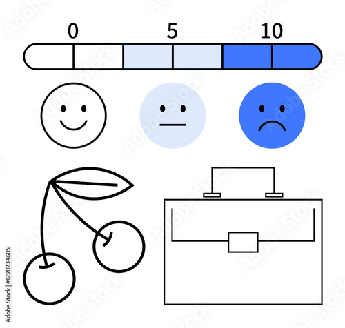 Emotion scale from happy to sad, cherries representing rewards, briefcase for work context. Ideal for mood tracking, productivity, job satisfaction, rewards, decision-making, data visualization