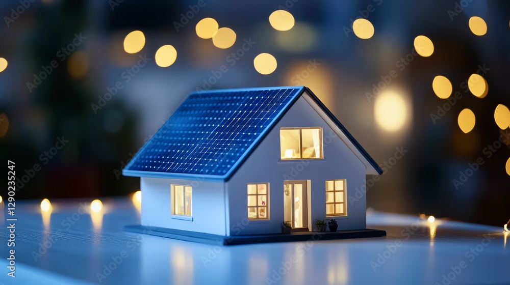 A charming house model with solar panels, glowing sun, and soft colors. Emphasizes sustainable living, modern technology, and cozy, inviting home vibes A charming house model with solar panels, glowing sun, and soft colors. Emphasizes sustainable living, modern technology, and cozy, inviting home vibes
