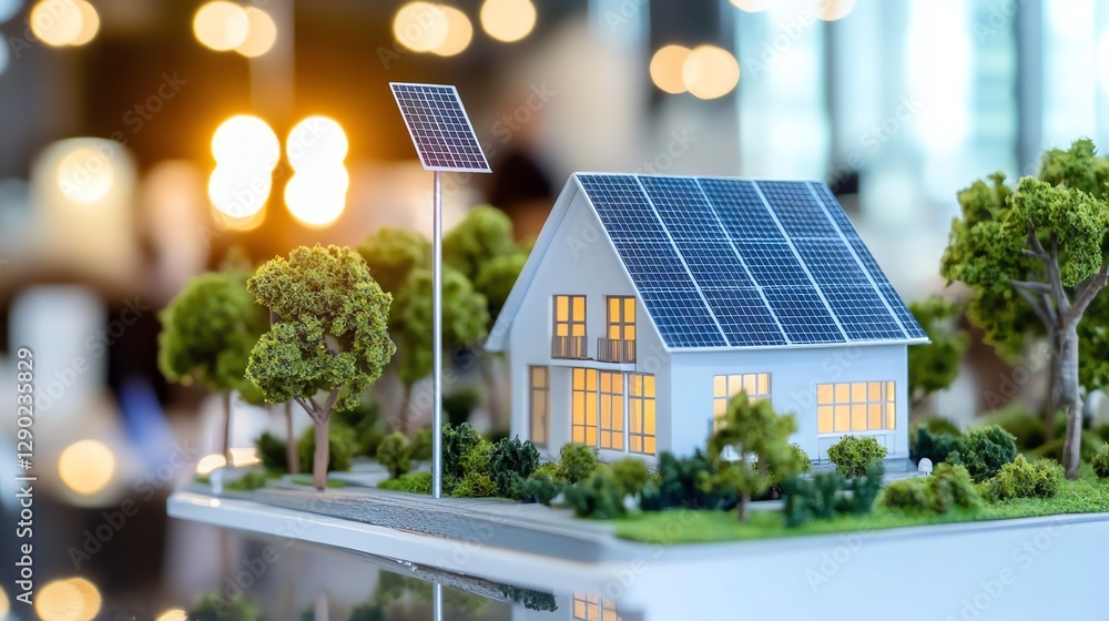 Fototapeta premium A charming house model with solar panels, glowing sun, and soft colors. Emphasizes sustainable living, modern technology, and cozy, inviting home vibes