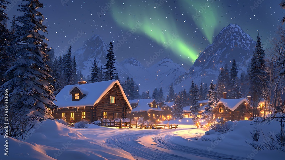 Fototapeta premium Magical Winter Village Under the Aurora.