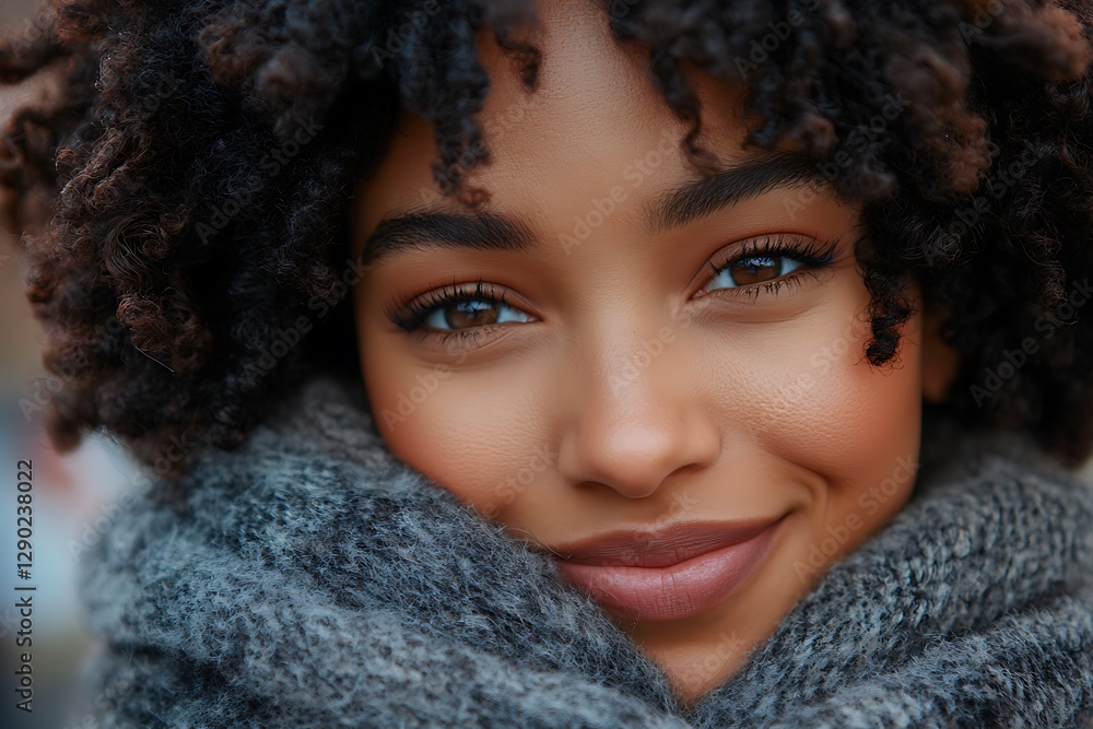 Woman smiling, winter scarf, city background, portrait Woman smiling, winter scarf, city background, portrait