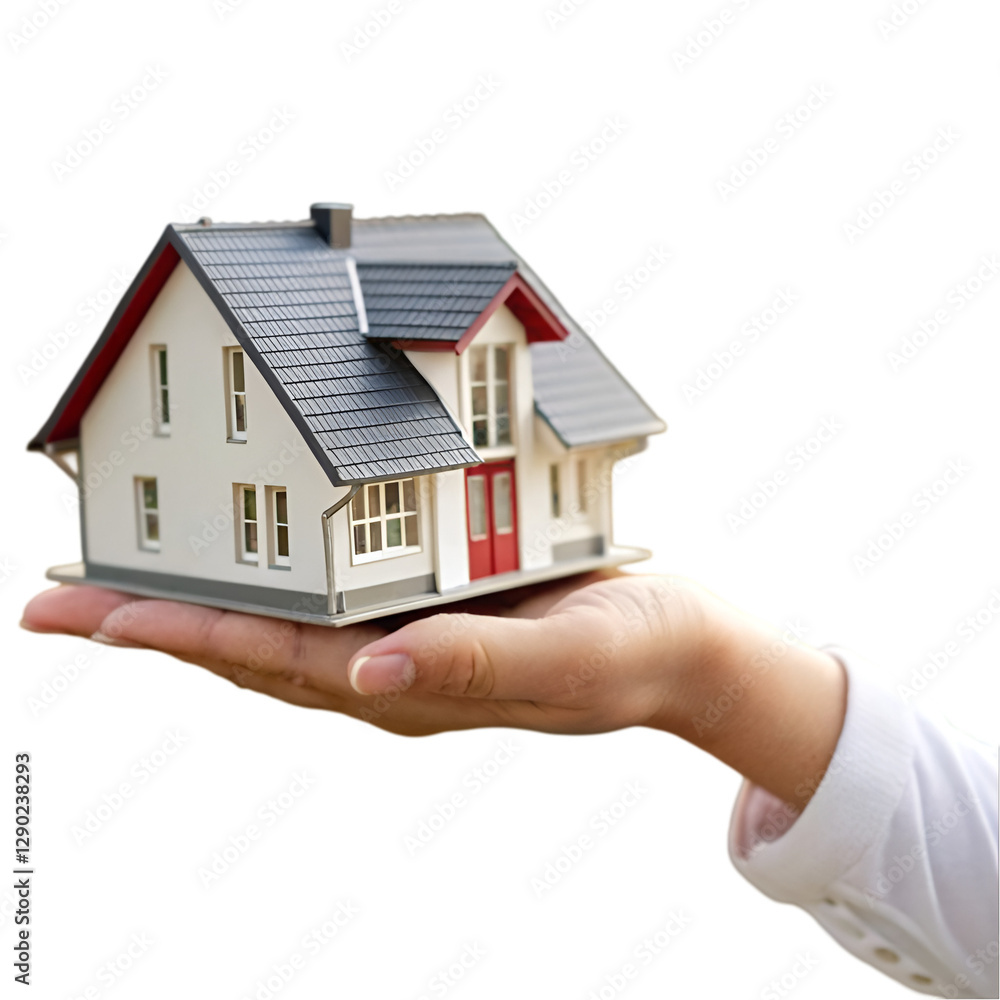Hand holding a small house on white background Hand holding a small house on white background