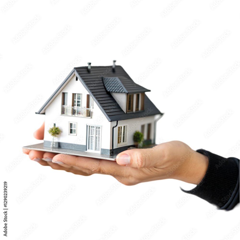 Hand holding a small house on white background Hand holding a small house on white background