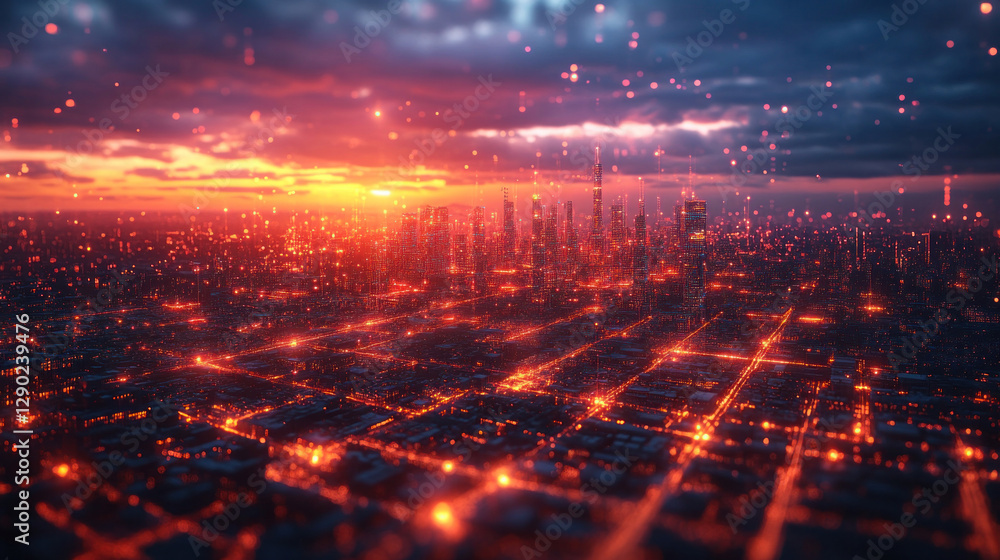 Fototapeta premium Futuristic smart factory district, with interconnected AI-driven production hubs and drone-based logistics