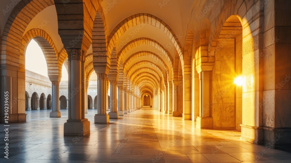 Obraz premium Sunlit Architectural Corridor with Elegant Arches and Columns