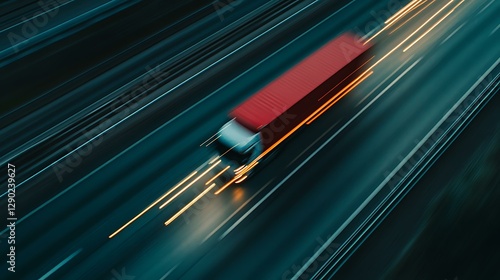 Aerial shot of a truck merging onto the highway, high-speed motion blur