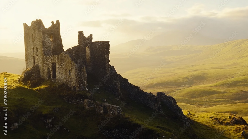 Majestic castle ruins atop a verdant hill at sunset. Majestic castle ruins atop a verdant hill at sunset.