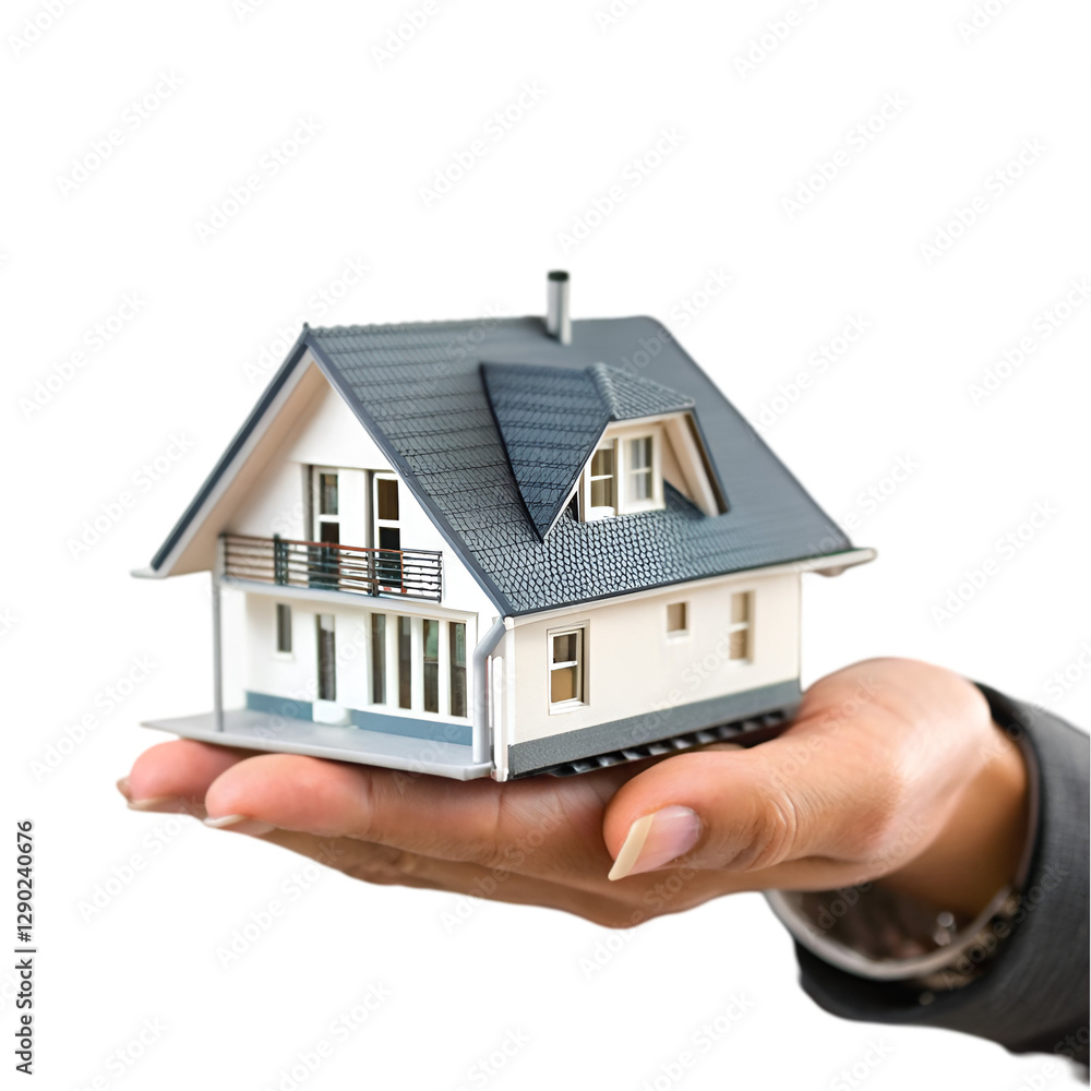 Hand holding a small house on white background Hand holding a small house on white background