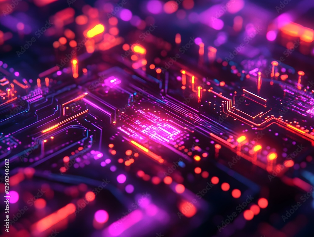 Obraz premium Neon Glowing Circuit Board with Holographic Geometric Design