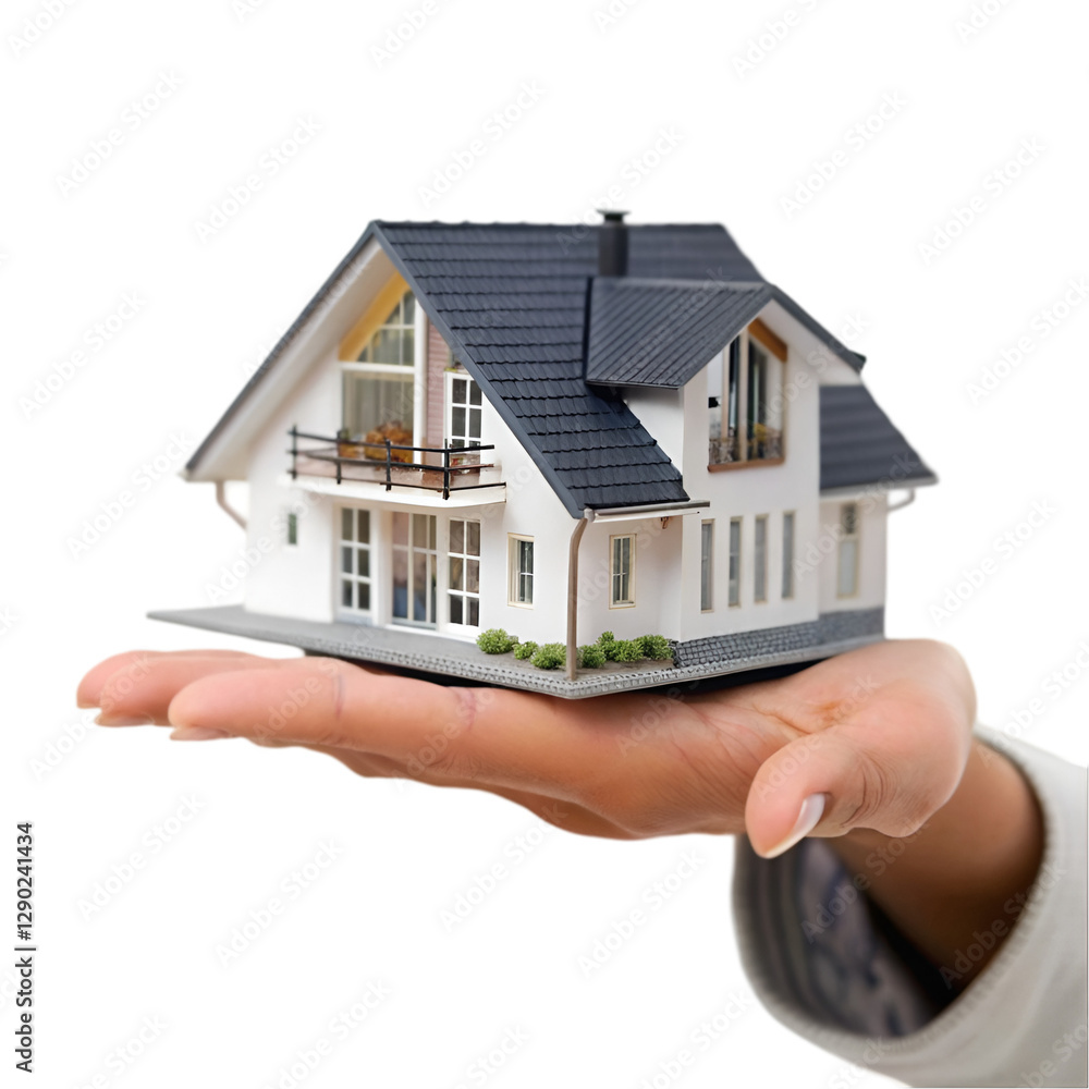 Hand holding a small house on white background Hand holding a small house on white background
