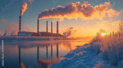 Large industrial chimneys with carbon scrubbers, filtering emissions before they reach the atmosphere photo