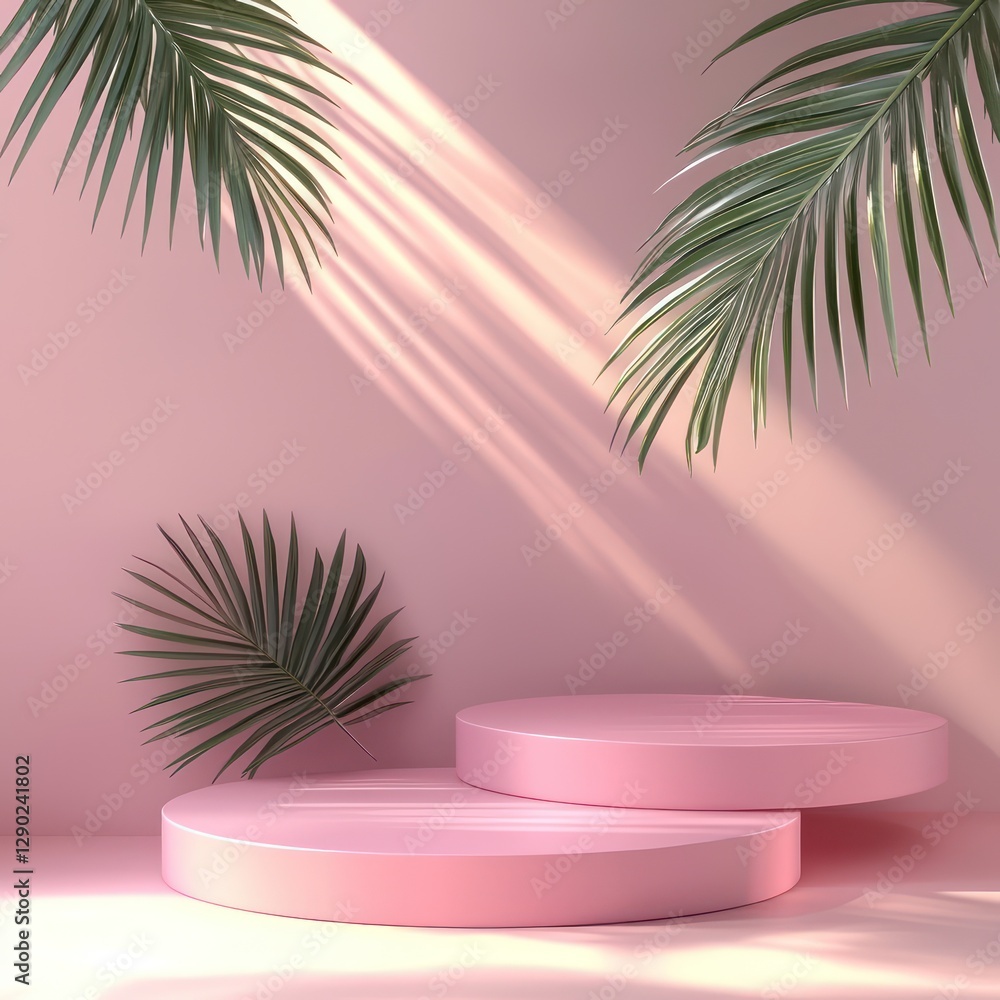 Obraz premium Dual podiums with palm leaf under sunlight in pink room, 3D modeled.