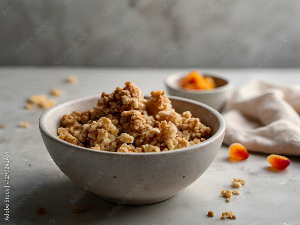 Delicate Crumble & Stone Harmony: A delicious crumble in a minimalistic bowl, placed on a natural white stone tray. Delicate Crumble & Stone Harmony: A delicious crumble in a minimalistic bowl, placed on a natural white stone tray.