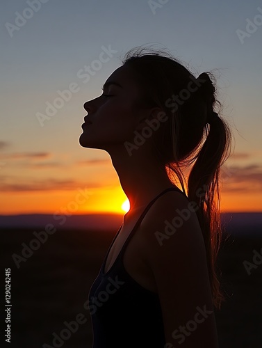 Silhouette woman sunset meadow breath