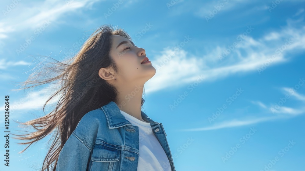 Young woman in a denim jacket stands against a bright blue sky with her hair blowing in the wind Young woman in a denim jacket stands against a bright blue sky with her hair blowing in the wind