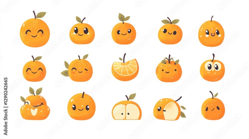 Cute Orange Characters Smiling Citrus Fruits Against White Background. For Kids Cute Orange Characters Smiling Citrus Fruits Against White Background. For Kids