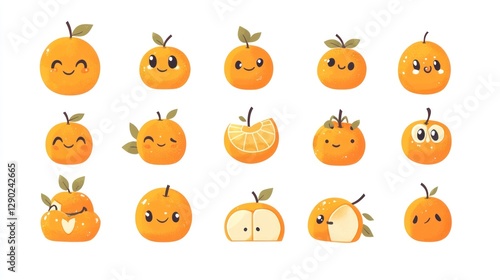 Cute Orange Characters Smiling Citrus Fruits Against White Background. For Kids