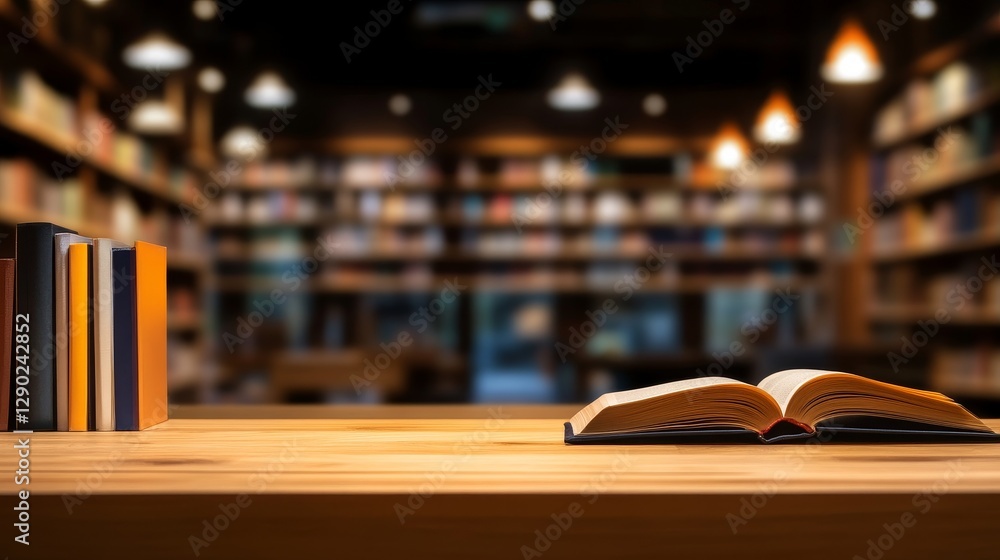 Fototapeta premium Open book on a wooden table in a cozy library with shelves of books in the background