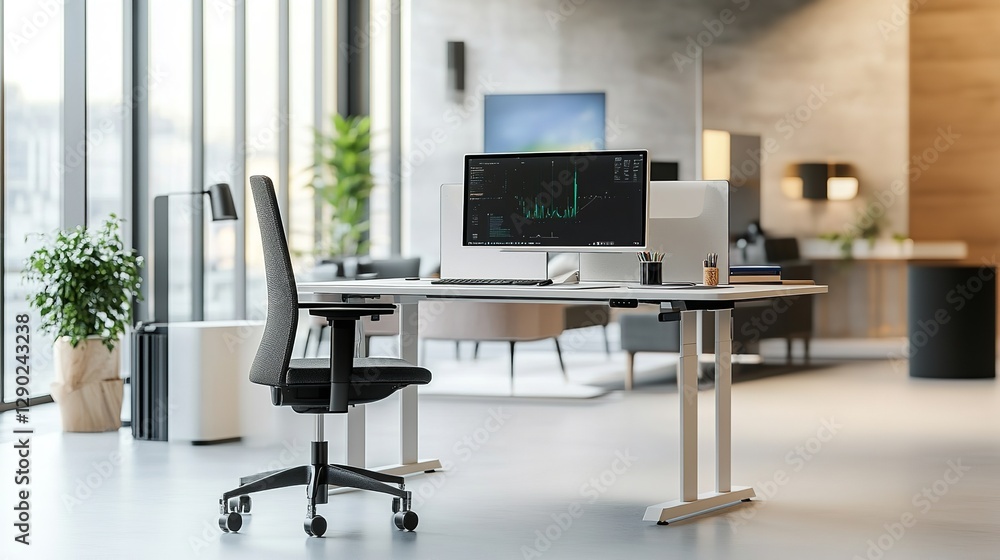 Modern Minimalist Office Space Featuring a Sleek White Desk, Ergonomic Black Chair, Floor-to-Ceiling Windows with a Garden View, and Natural Lighting for a Bright and Productive Workspace Modern Minimalist Office Space Featuring a Sleek White Desk, Ergonomic Black Chair, Floor-to-Ceiling Windows with a Garden View, and Natural Lighting for a Bright and Productive Workspace