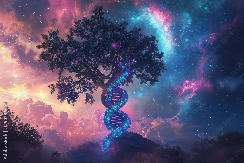 Obraz premium swirling dna strands form a luminous tree under a pastel galaxy sky, blending science and wonder in a surreal, molecular dreamscape.