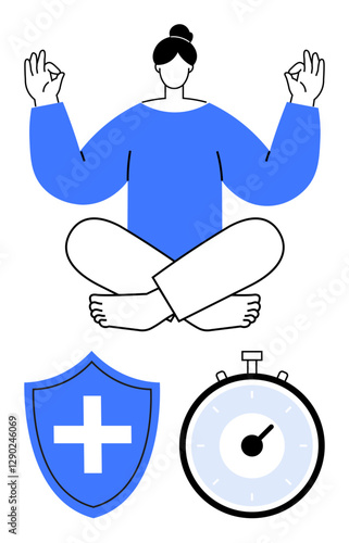 A person meditating in the lotus position. Below, a health shield and a stopwatch symbolize wellness and time management. Ideal for mindfulness, health, wellness, time management, stress relief