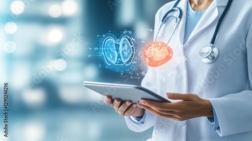 Doctor in a white coat using a tablet with AI-generated holographic images of a brain and kidneys, representing advanced medical technology and diagnostics in healthcare.